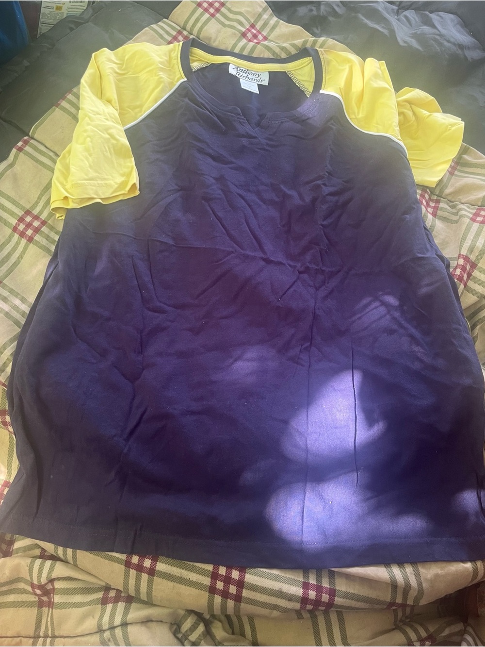 Anthropologie Navy Tee with Yellow Raglan Sleeves